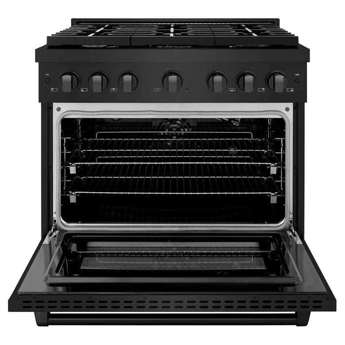 ZLINE Appliance Package - 36 in. Gas Range, Range Hood, Microwave Oven, Dishwasher - Black Stainless Steel, 4KP-RGBRH36-MODW