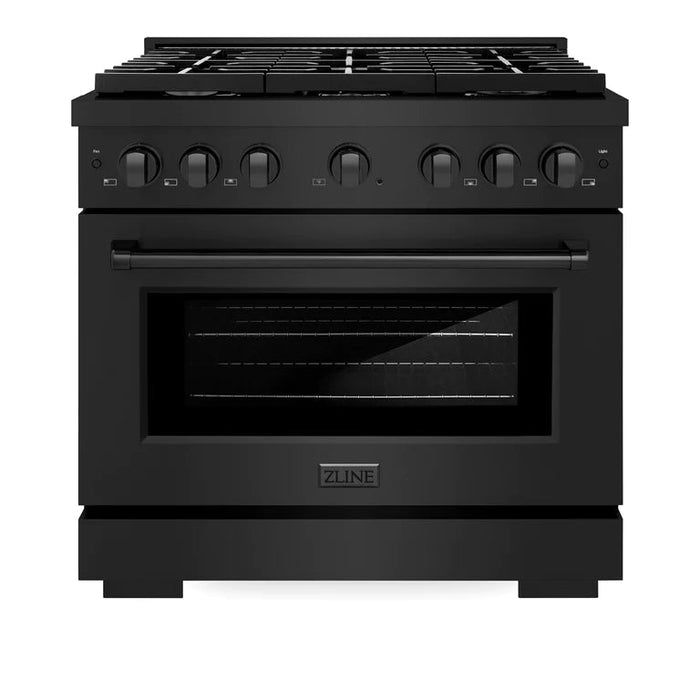 ZLINE Appliance Package - 36 in. Gas Range, Range Hood, Microwave Oven, Dishwasher - Black Stainless Steel, 4KP-RGBRH36-MODW