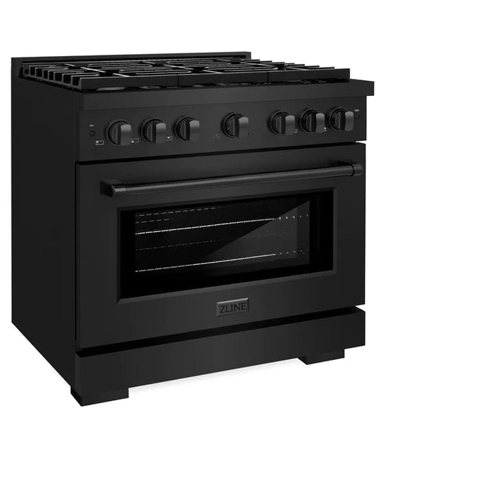 ZLINE Appliance Package - 36 in. Gas Range, Range Hood, Microwave Oven, Dishwasher - Black Stainless Steel, 4KP-RGBRH36-MODW