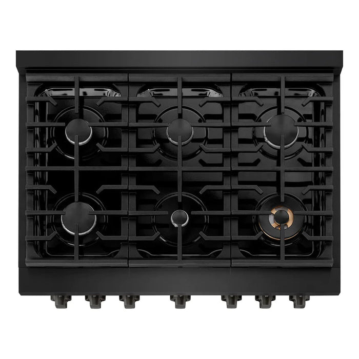 ZLINE Appliance Package - 36 in. Gas Range, Range Hood, Microwave Oven, Dishwasher - Black Stainless Steel, 4KP-RGBRH36-MODW