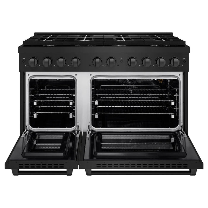 ZLINE Kitchen Appliance Package - 48 In. Gas Range with Brass Burners, Range Hood and Microwave Oven in Black Stainless Steel, 3KP-SGRBRHMWO-48