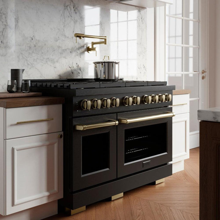 ZLINE Autograph 48" 6.7 cu. ft. Paramount Double Oven Gas Range in Black Stainless Steel and Bronze Accents, SGRBZ-48-CB