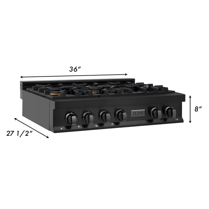 ZLINE 36 in. Rangetop with 6 Gas Brass Burners in Black Stainless Steel, RTB-BR-36