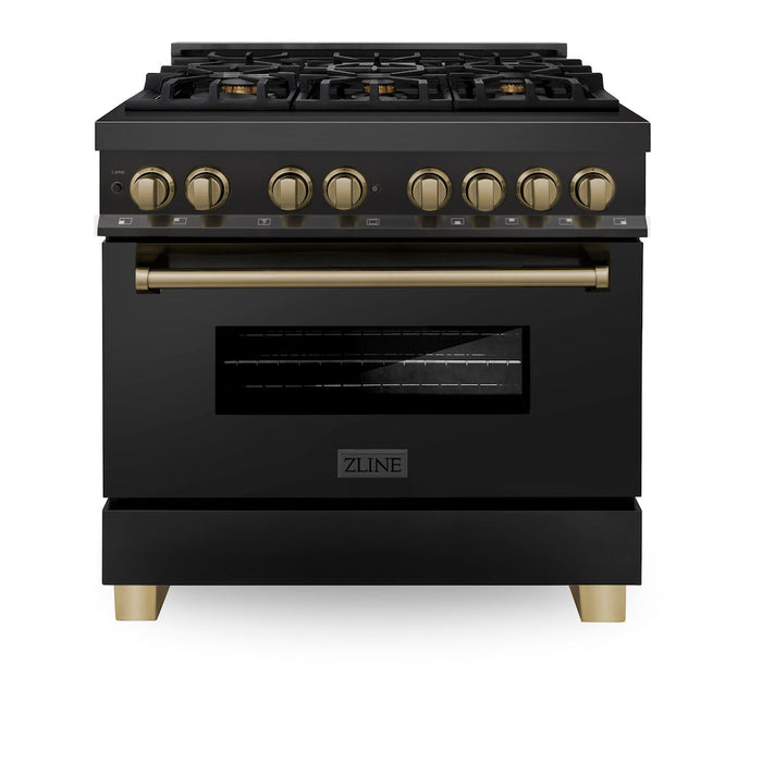 ZLINE Autograph Edition 36 in. Kitchen Package with Black Stainless Steel Dual Fuel Range, Range Hood, Dishwasher and Refrigeration with Champagne Bronze Accents (4AKPR-RABRHDWV36-CB)