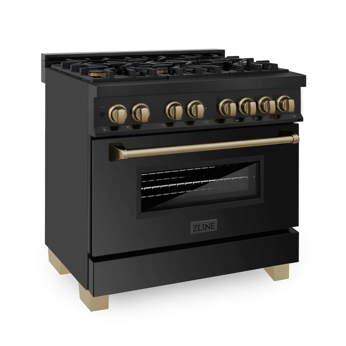 ZLINE Autograph Edition 36 in. Kitchen Package with Black Stainless Steel Dual Fuel Range and Range Hood with Champagne Bronze Accents (2AKP-RABRH36-CB)