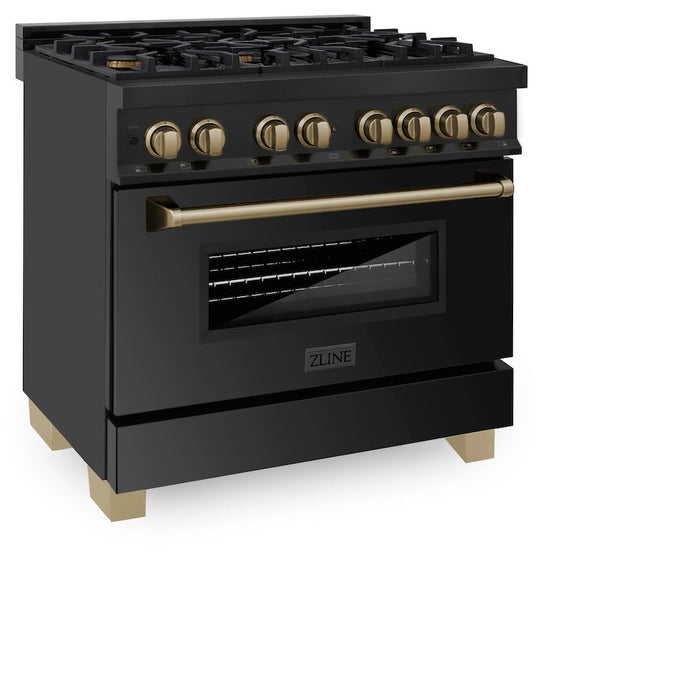 ZLINE Autograph Edition 36 in. 4.6 cu. ft. Legacy Dual Fuel Range with 6 Burner Gas Cooktop and Electric Convection Oven in Black Stainless Steel and Champagne Bronze Accents (RABZ-36-CB)