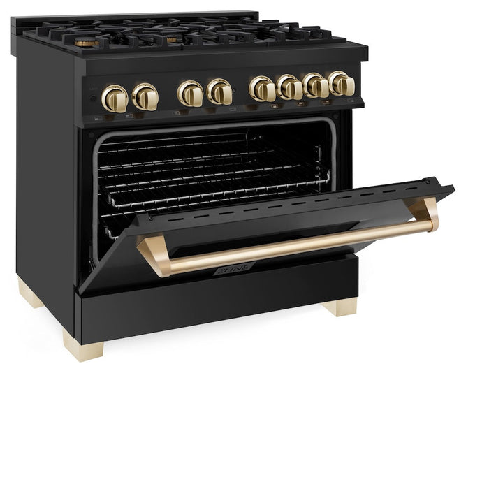 ZLINE Autograph Edition 36 in. Kitchen Package with Black Stainless Steel Dual Fuel Range and Range Hood with Polished Gold Accents (2AKP-RABRH36-G)