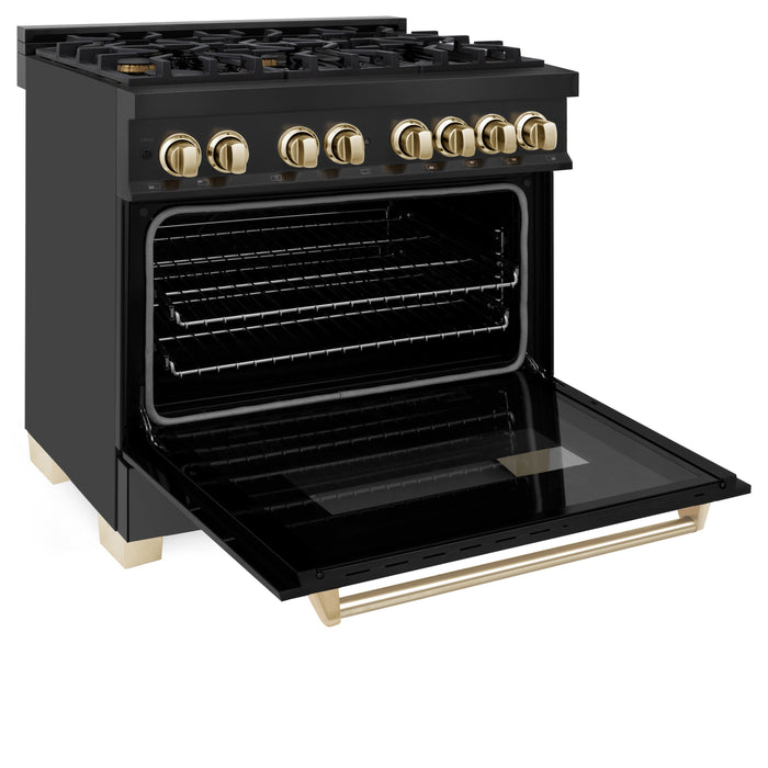 ZLINE Autograph 36" 4.6 cu. ft. Dual Fuel Range in Black Stainless Steel with Gold Accents, RABZ-36-G