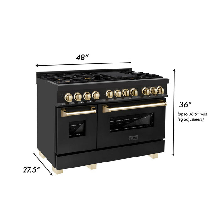 ZLINE Autograph Edition 48 in. Kitchen Package with Black Stainless Steel Dual Fuel Range, Range Hood, Dishwasher and Refrigeration Including External Water Dispenser with Polished Gold Accents (4AKPR-RABRHDWV48-G)