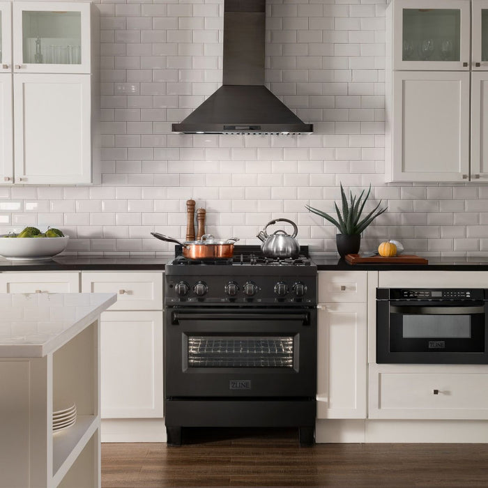 ZLINE Appliance Package - 30 in. Dual Fuel Range, Range Hood & Microwave in Black Stainless Steel, 3KP-RABRBRH30-MW