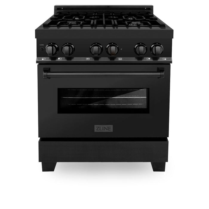 ZLINE Appliance Package - 30 in. Dual Fuel Range, Range Hood, Microwave Oven, and Dishwasher in Black Stainless Steel, 4KP-RABRH30-MODW