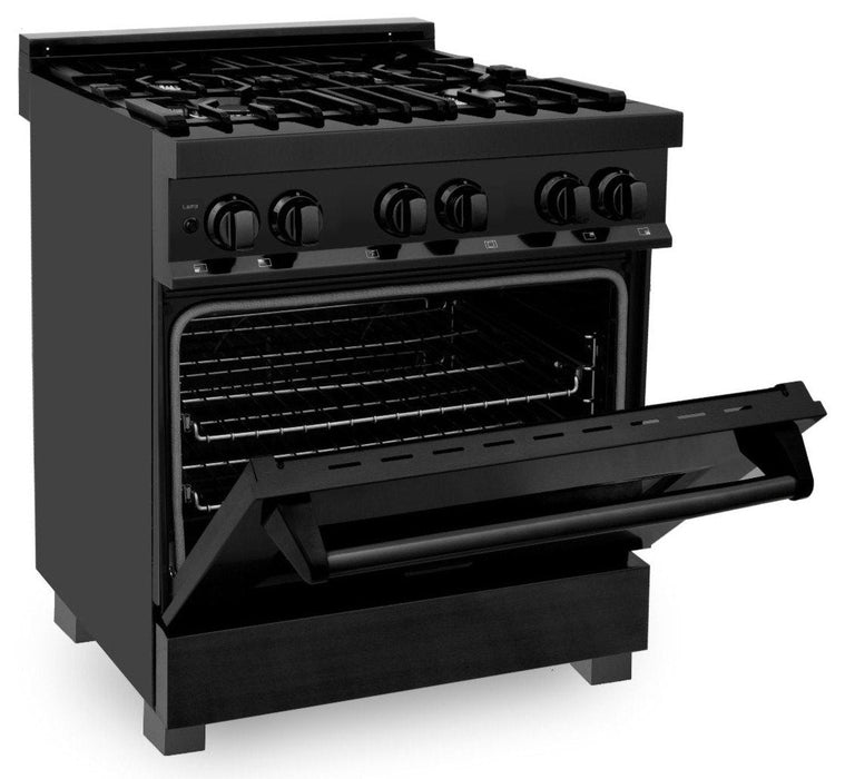 ZLINE Appliance Package - 30 in. Dual Fuel Range, Range Hood, Microwave Oven, and Dishwasher in Black Stainless Steel, 4KP-RABRH30-MODW