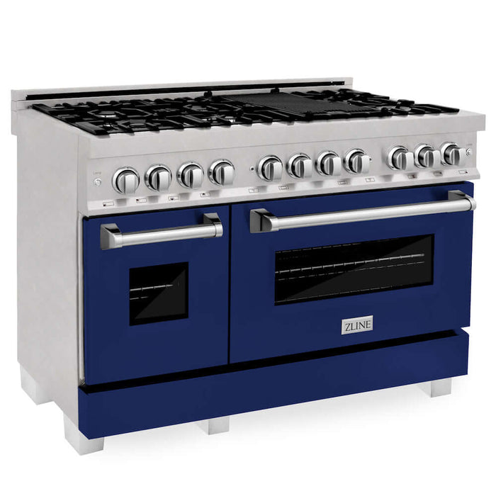 ZLINE 48 in. 6.0 cu. ft. Legacy Dual Fuel Range with 7 Burner Gas Cooktop and 2 Electric Ovens in DuraSnow® Stainless Steel and Blue Gloss Doors (RAS-BG-48)