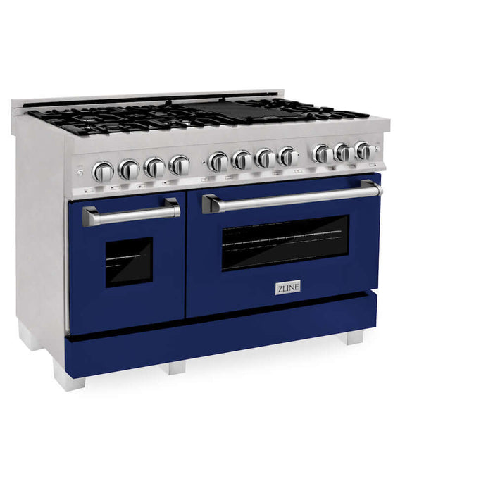 ZLINE 48 in. 6.0 cu. ft. Legacy Dual Fuel Range with 7 Burner Gas Cooktop and 2 Electric Ovens in DuraSnow® Stainless Steel and Blue Gloss Doors (RAS-BG-48)