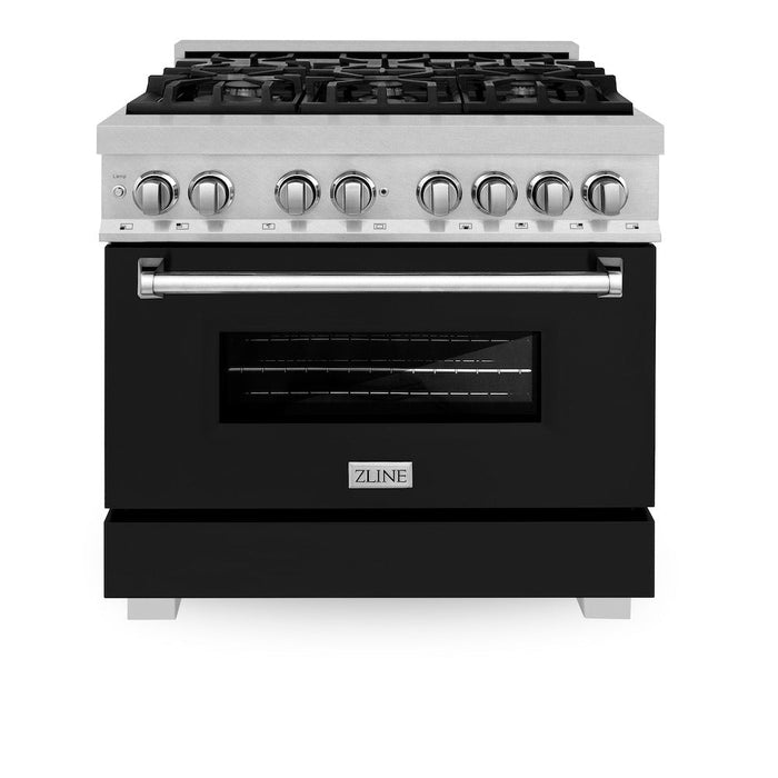 ZLINE 36 in. 4.6 cu. ft. Legacy Dual Fuel Range with 6 Burner Gas Cooktop and Electric Convection Oven in DuraSnow® Stainless Steel and Black Matte Door (RAS-BLM-36)