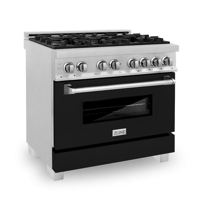 ZLINE 36 in. 4.6 cu. ft. Legacy Dual Fuel Range with 6 Burner Gas Cooktop and Electric Convection Oven in DuraSnow® Stainless Steel and Black Matte Door (RAS-BLM-36)