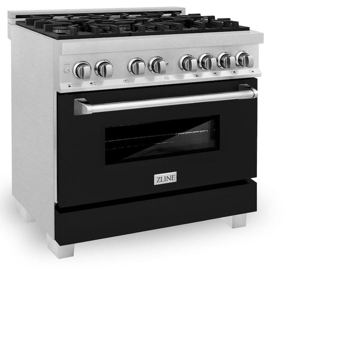 ZLINE 36 in. 4.6 cu. ft. Legacy Dual Fuel Range with 6 Burner Gas Cooktop and Electric Convection Oven in DuraSnow® Stainless Steel and Black Matte Door (RAS-BLM-36)