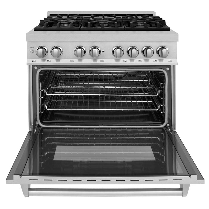 ZLINE 36 in. Kitchen Package with Fingerprint Resistant Stainless Steel Dual Fuel Range and Convertible Vent Range Hood (2KP-RASSNRH36)