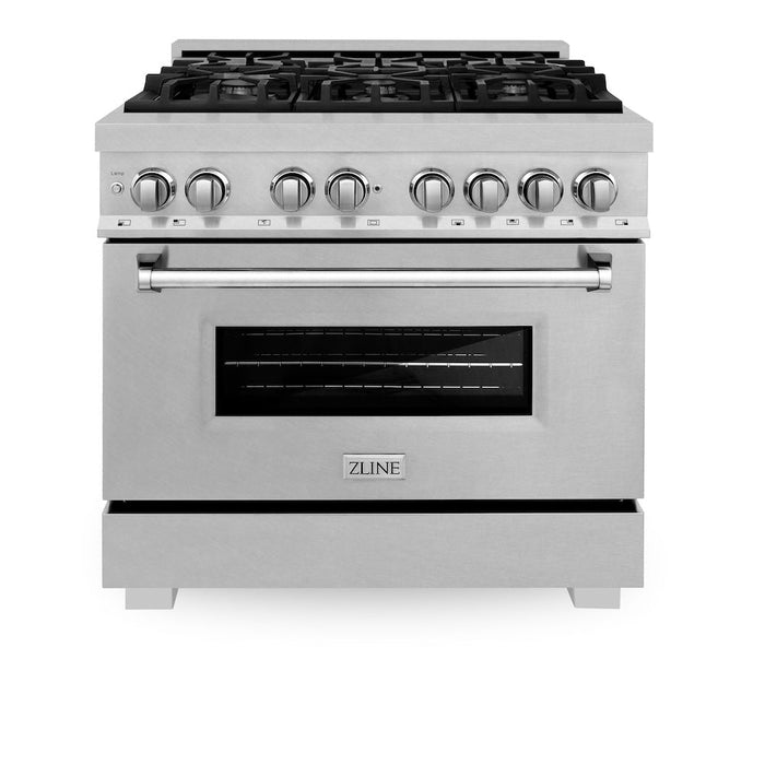 ZLINE 36 in. Kitchen Package with Fingerprint Resistant Stainless Steel Dual Fuel Range and Convertible Vent Range Hood (2KP-RASSNRH36)