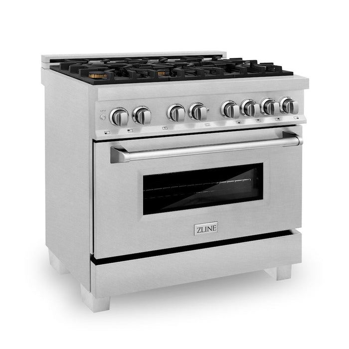 ZLINE 36 in. 4.6 cu. ft. Legacy Dual Fuel Range with Gas Cooktop and Electric Convection Oven in DuraSnow® Stainless Steel with 6 Brass Burners (RAS-SN-BR-36)