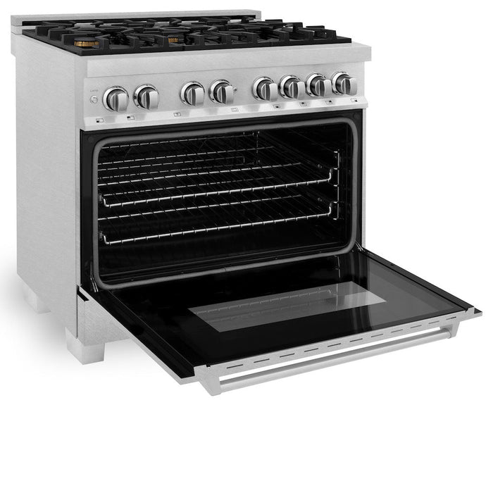 ZLINE 36 in. 4.6 cu. ft. Legacy Dual Fuel Range with Gas Cooktop and Electric Convection Oven in DuraSnow® Stainless Steel with 6 Brass Burners (RAS-SN-BR-36)