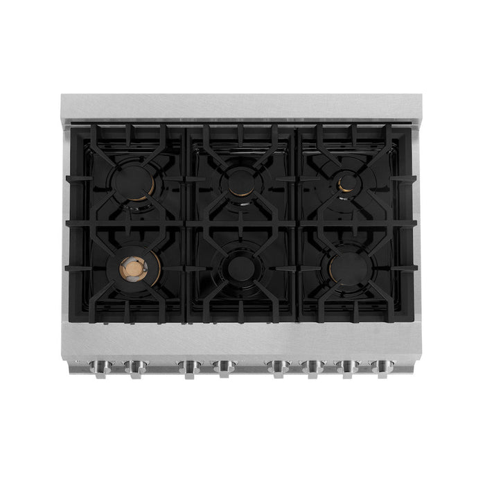 ZLINE 36 in. 4.6 cu. ft. Legacy Dual Fuel Range with Gas Cooktop and Electric Convection Oven in DuraSnow® Stainless Steel with 6 Brass Burners (RAS-SN-BR-36)