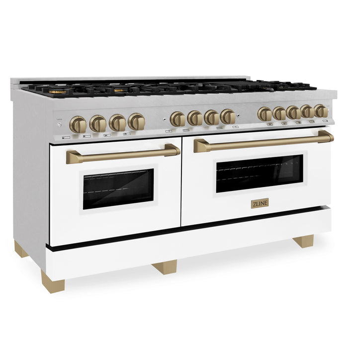 ZLINE Autograph 60 in. 7.6 cu. ft. Range, Gas Stove, Electric Oven in DuraSnow® with White Matte Door and Champagne Bronze Accents, RASZ-WM-60-CB