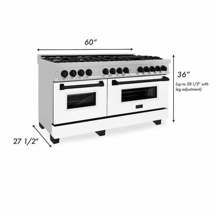 ZLINE 60" Autograph Edition Gas Burner, Electric Oven in DuraSnow® Stainless Steel with White Matte Door and Black Accents, RASZ-WM-60-MB