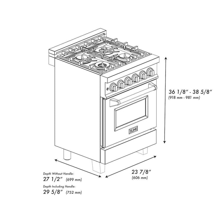 ZLINE 24 in. 2.8 cu. ft. Legacy Dual Fuel Range with 4 Burner Gas Cooktop and Electric Convection Oven in DuraSnow® Stainless Steel and Black Matte Door (RAS-BLM-24)