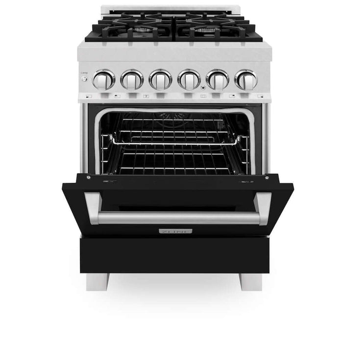 ZLINE 24 in. 2.8 cu. ft. Legacy Dual Fuel Range with 4 Burner Gas Cooktop and Electric Convection Oven in DuraSnow® Stainless Steel and Black Matte Door (RAS-BLM-24)