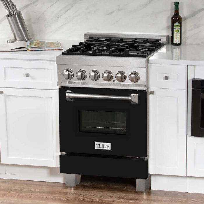 ZLINE 24 in. 2.8 cu. ft. Legacy Dual Fuel Range with 4 Burner Gas Cooktop and Electric Convection Oven in DuraSnow® Stainless Steel and Black Matte Door (RAS-BLM-24)