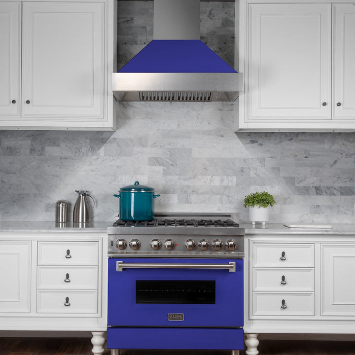 ZLINE 30 in. Kitchen Package with Fingerprint Resistant Stainless Steel Dual Fuel Range with Blue Matte Door and Convertible Vent Range Hood (2KP-RASBMRH30)