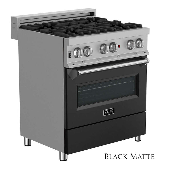 ZLINE 30 in. 4.0 cu. ft. Legacy Dual Fuel Range with 4 Burner Gas Cooktop and Electric Convection Oven in DuraSnow® Stainless Steel and Black Matte Door (RAS-BLM-30)