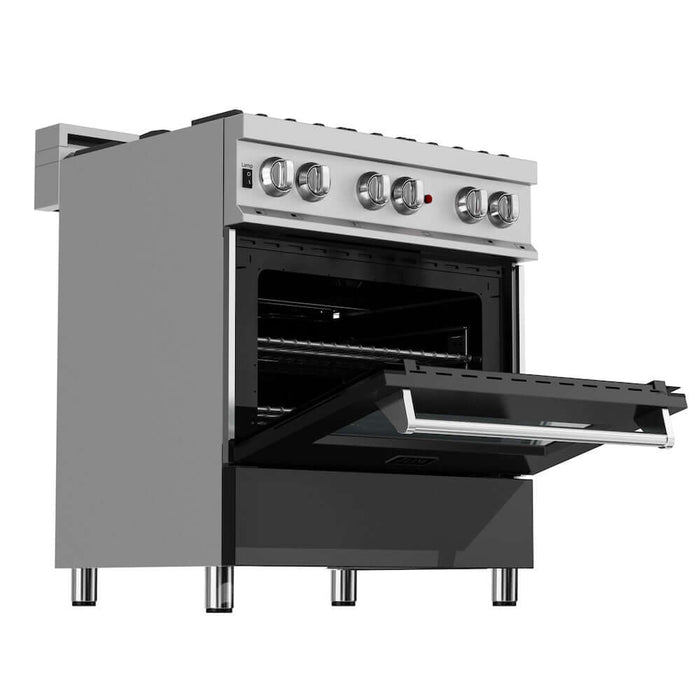 ZLINE 30 in. 4.0 cu. ft. Legacy Dual Fuel Range with 4 Burner Gas Cooktop and Electric Convection Oven in DuraSnow® Stainless Steel and Black Matte Door (RAS-BLM-30)