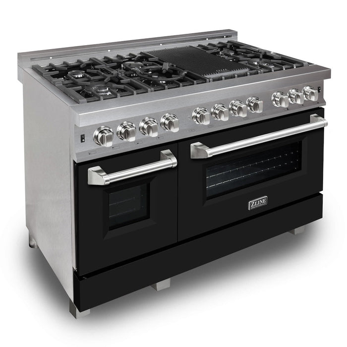 ZLINE 48 in. Kitchen Package with Fingerprint Resistant Stainless Steel Dual Fuel Range with Black Matte Door and Convertible Vent Range Hood (2KP-RASBLMRH48)