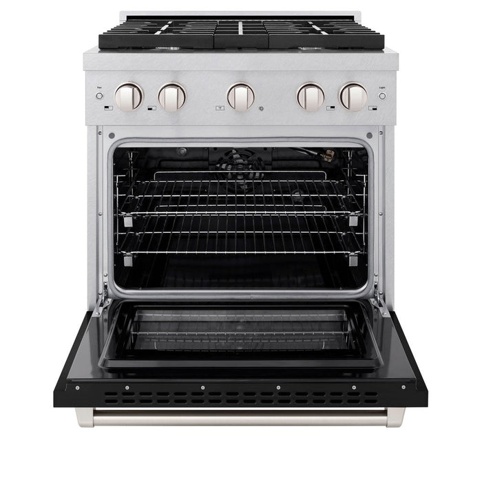 ZLINE 30" 4.2 cu. ft. Paramount Dual Fuel Range with 4 Burners in DuraSnow® Stainless Steel with Black Matte Door, SDRS-BLM-30