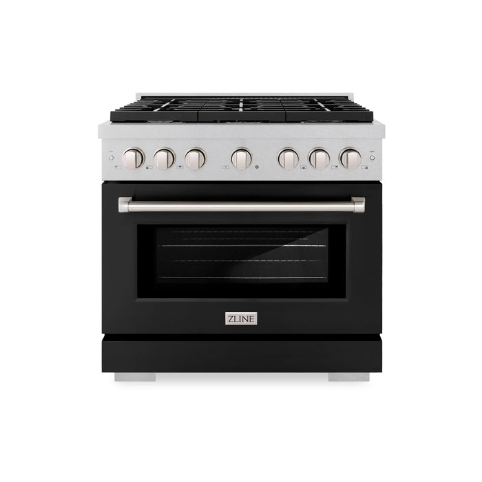 ZLINE 36" 5.2 cu. ft. Paramount Dual Fuel Range with 6 Burners in DuraSnow® Stainless Steel with Black Matte Door, SDRS-BLM-36