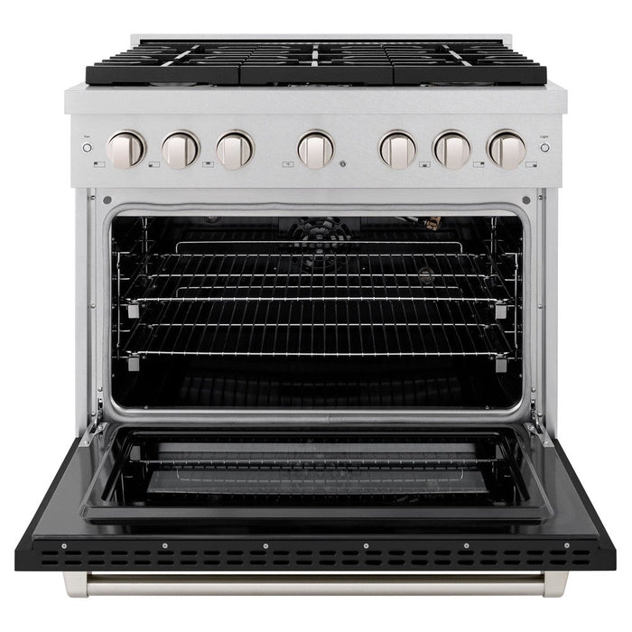 ZLINE 36" 5.2 cu. ft. Paramount Dual Fuel Range with 6 Burners in DuraSnow® Stainless Steel with Black Matte Door, SDRS-BLM-36