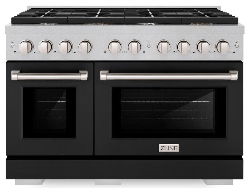 ZLINE 48" 6.7 cu. ft. Paramount Double Oven Dual Fuel Range with 8 Burners in DuraSnow® Stainless Steel with Black Matte Doors, SDRS-BLM-48