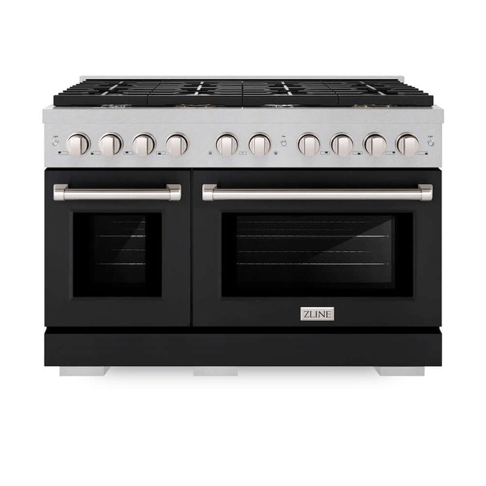 ZLINE 48 in. 6.7 cu. ft. Paramount Double Oven Gas Range with 8 Burner Cooktop in DuraSnow® Stainless Steel with Black Matte Doors (SGRS-BLM-48)