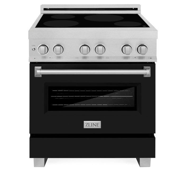 ZLINE 30 in. 4.0 cu. ft. Legacy Induction Range with 4 Element Cooktop and Electric Oven in DuraSnow® Stainless Steel and Black Matte Door (RAINDS-BLM-30)