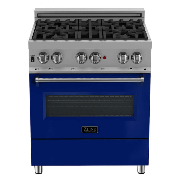 ZLINE 30 in. 4.0 cu. ft. Legacy Dual Fuel Range with 4 Burner Gas Cooktop and Electric Convection Oven in DuraSnow® Stainless Steel and Blue Gloss Door (RAS-BG-30)