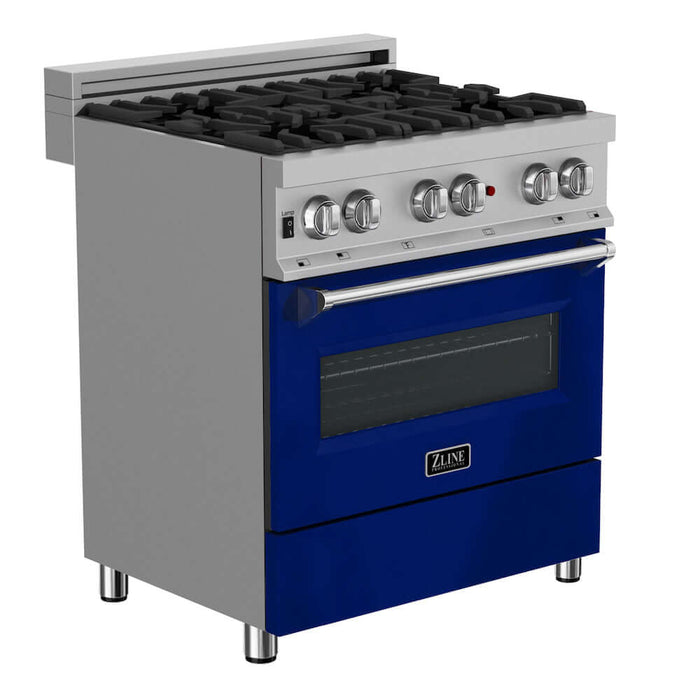 ZLINE 30 in. 4.0 cu. ft. Legacy Dual Fuel Range with 4 Burner Gas Cooktop and Electric Convection Oven in DuraSnow® Stainless Steel and Blue Gloss Door (RAS-BG-30)