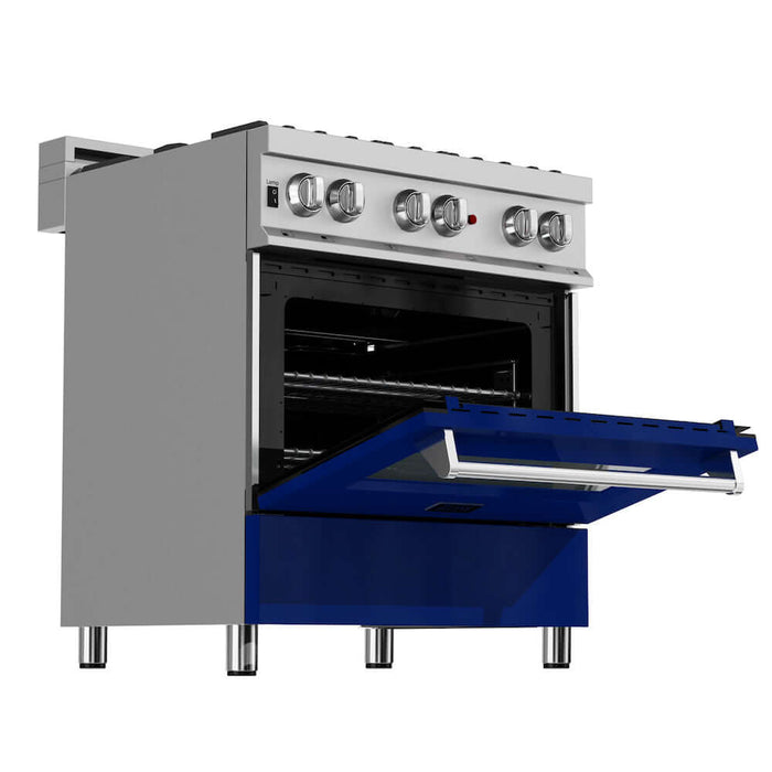 ZLINE 30 in. 4.0 cu. ft. Legacy Dual Fuel Range with 4 Burner Gas Cooktop and Electric Convection Oven in DuraSnow® Stainless Steel and Blue Gloss Door (RAS-BG-30)