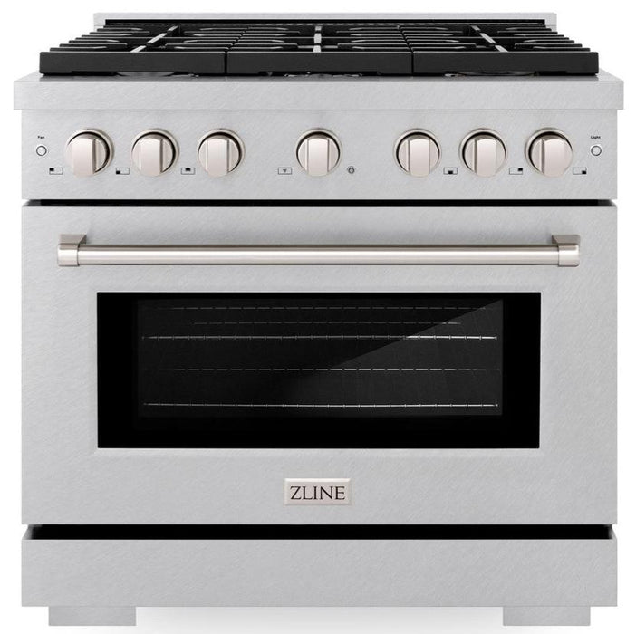 ZLINE 36" 5.2 cu. ft. Paramount Dual Fuel Range in DuraSnow® Stainless Steel with 6 Brass Burners, SDRS-BR-36