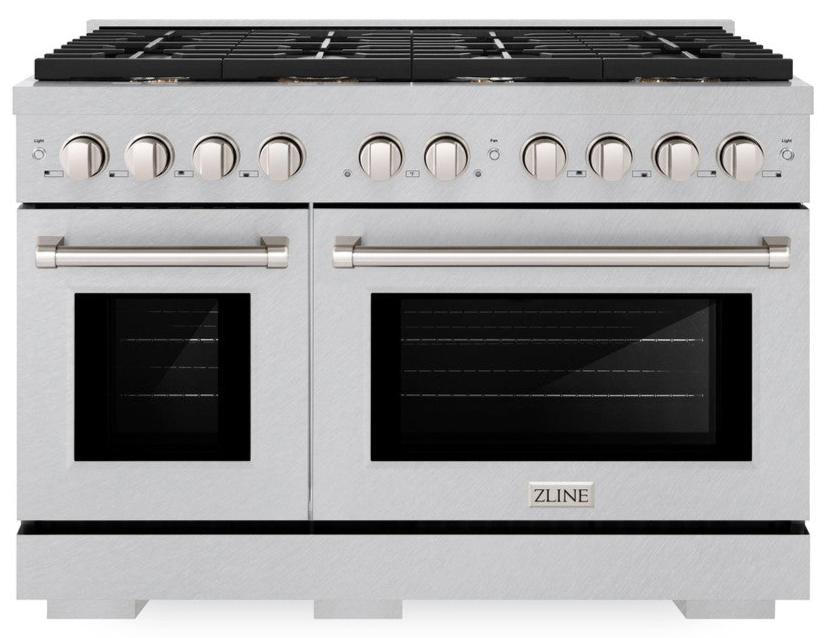 ZLINE 48" 6.7 cu. ft. Paramount Double Oven Dual Fuel Range in DuraSnow® Stainless Steel with 8 Brass Burners, SDRS-BR-48