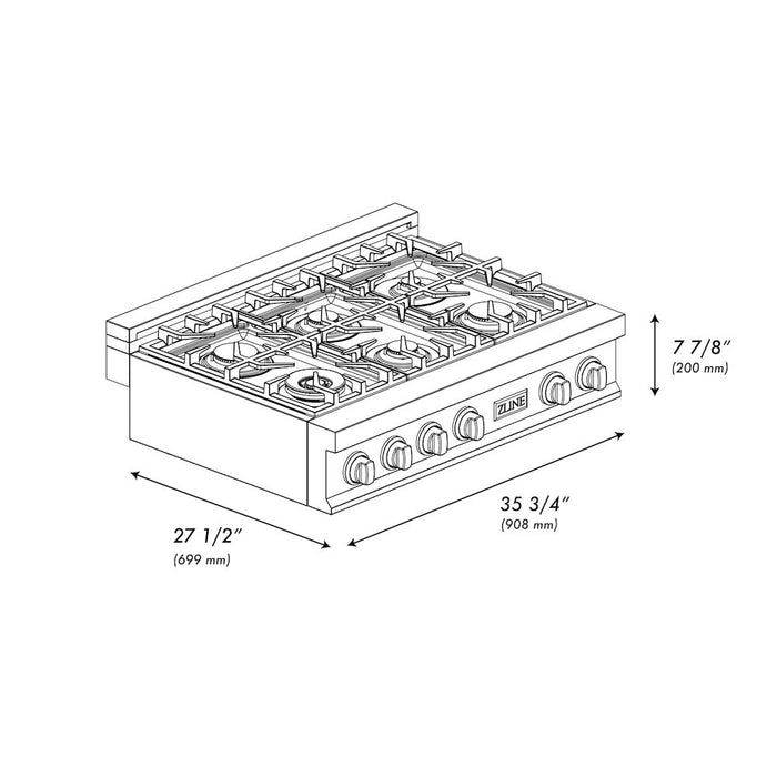 ZLINE 36 in. Porcelain Gas Rangetop in Fingerprint Resistant Stainless Steel with 6 Gas Burners (RTS-36)