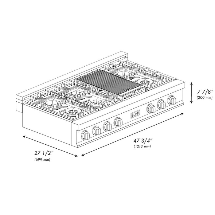 ZLINE 48 in. Porcelain Gas Stovetop in Fingerprint Resistant Stainless Steel with 7 Gas Burners and Griddle (RTS-48)