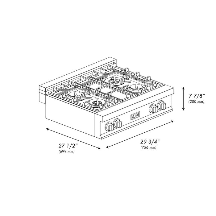 ZLINE 30 in. Porcelain Gas Rangetop in Fingerprint Resistant Stainless Steel with 4 Brass Burners (RTS-BR-30)