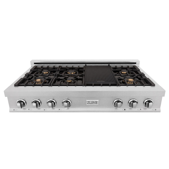 ZLINE 48 in. Porcelain Gas Rangetop in DuraSnow® Stainless Steel with 7 Gas Burners with Brass Burners and Griddle (RTS-BR-48)